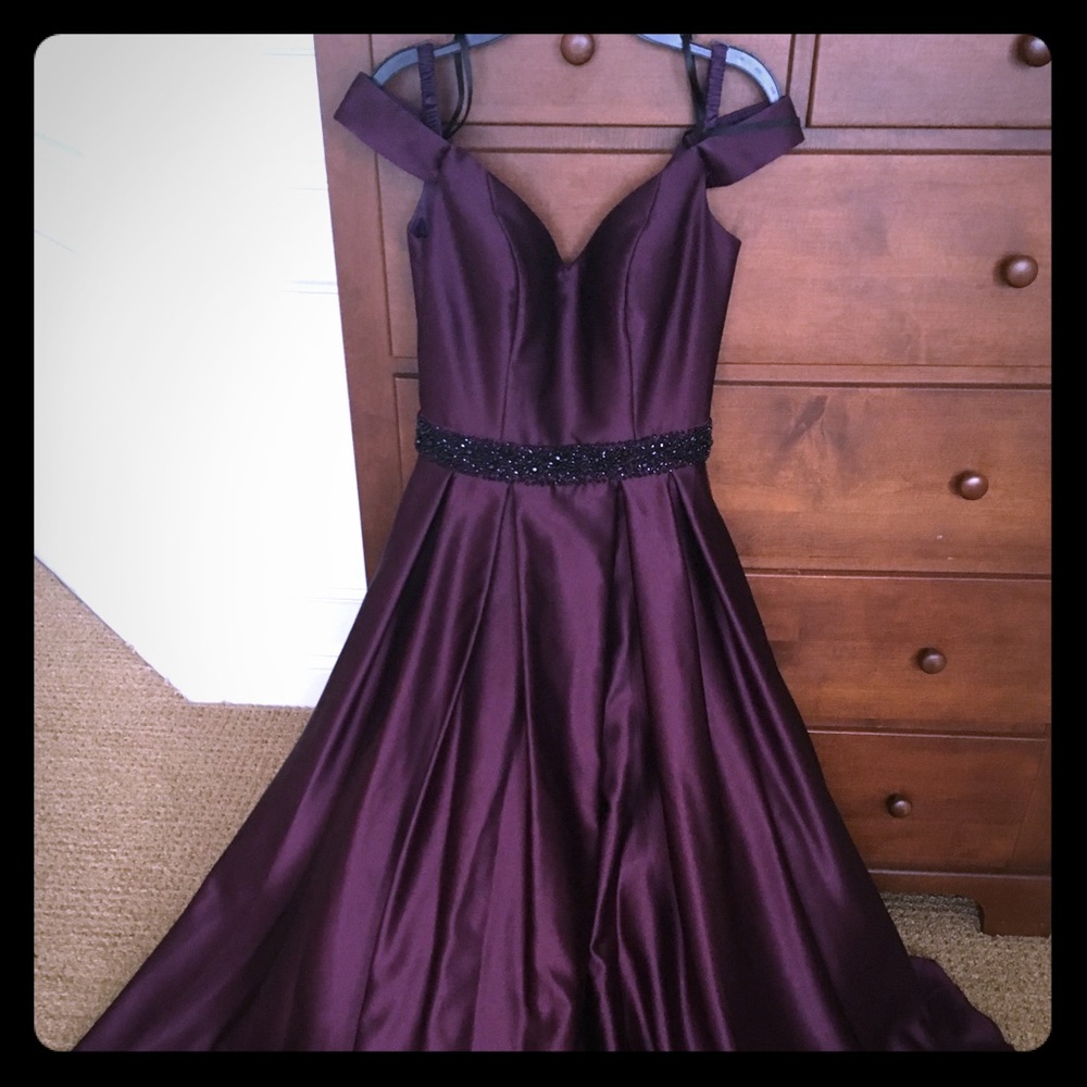 Betsy & Adam high-low off the shoulder ball gown 2